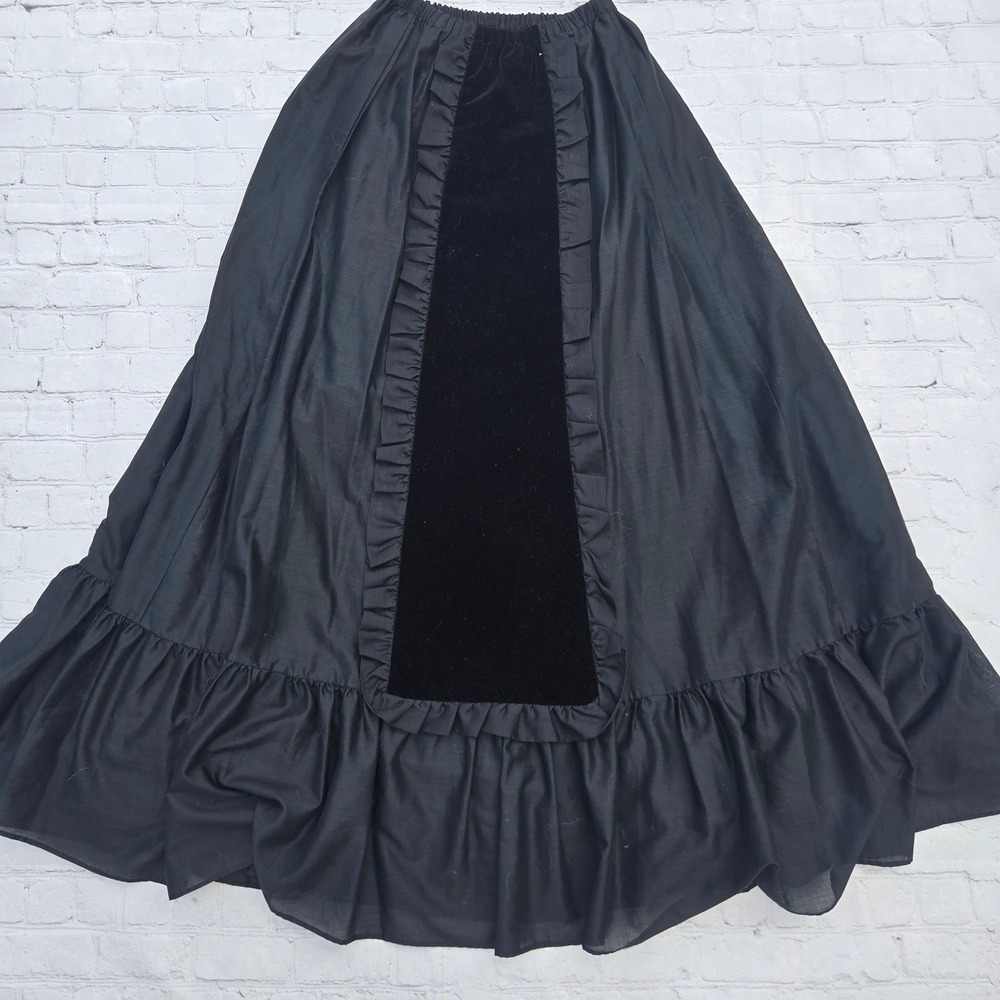 Vintage Victorian Gothic Black Velvet Panel Ruffle Maxi Skirt Elastic Waist L